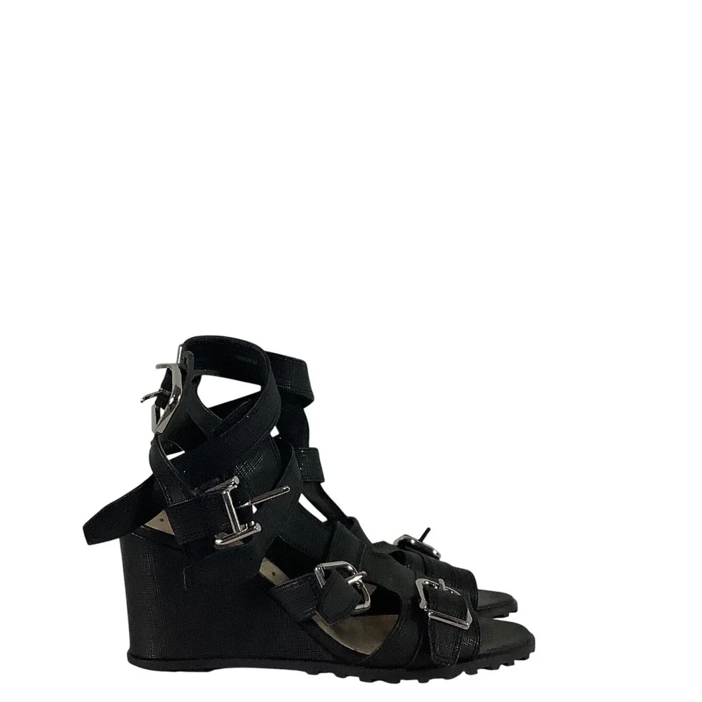Via Spiga Black Strappy Buckle Wedge Sandals Lug Sole Gladiator Heels Size 6.5